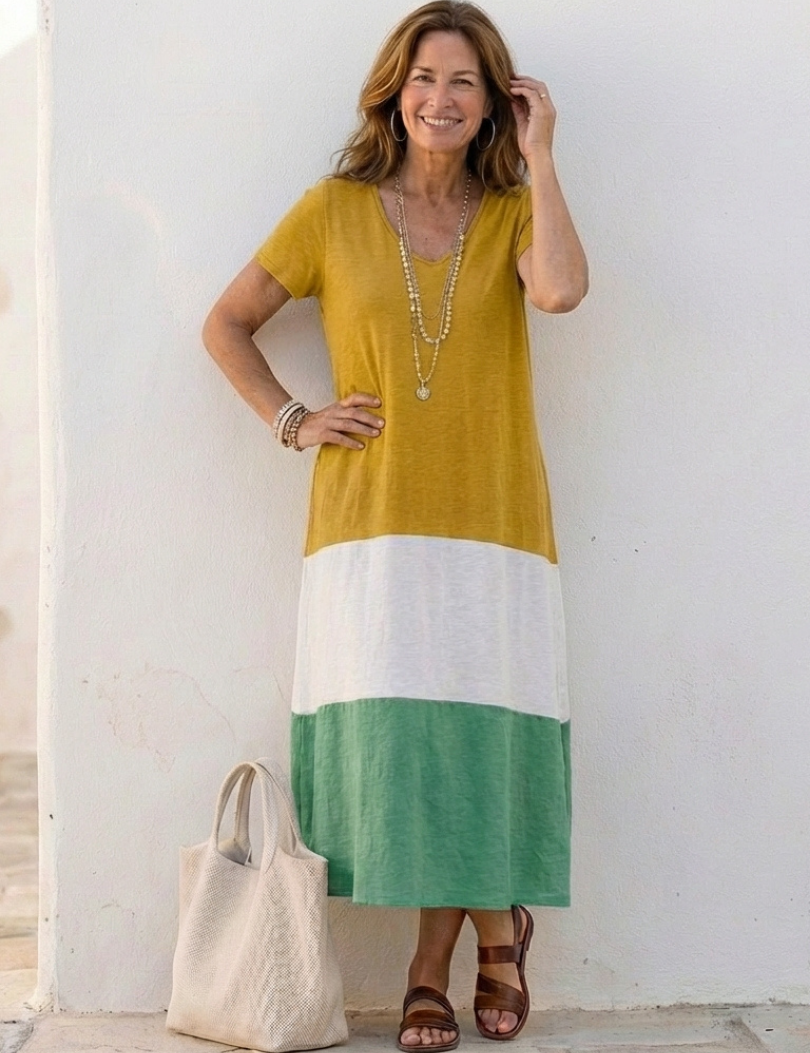 Thalia | Short Sleeve Color Block V Neck Midi Dress