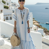 Ione | Round Neck Short Sleeve Striped Maxi Dress