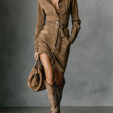 Marigold | Suede Single Breasted Lapel Long Sleeve Midi Dress (Includes belt)
