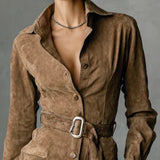 Marigold | Suede Single Breasted Lapel Long Sleeve Midi Dress (Includes belt)