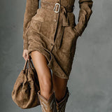 Marigold | Suede Single Breasted Lapel Long Sleeve Midi Dress (Includes belt)