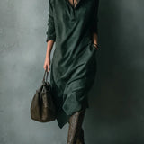 Isna | Green Loose Suede Lapel Long Sleeve Midi Dress