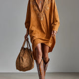 Sybil | Loose Lapel V-Neck Printed Long-Sleeved Midi Dress