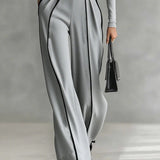 REFINED HIGH-NECK TOP & WIDE-LEG PANTS SET (FREE BELT)