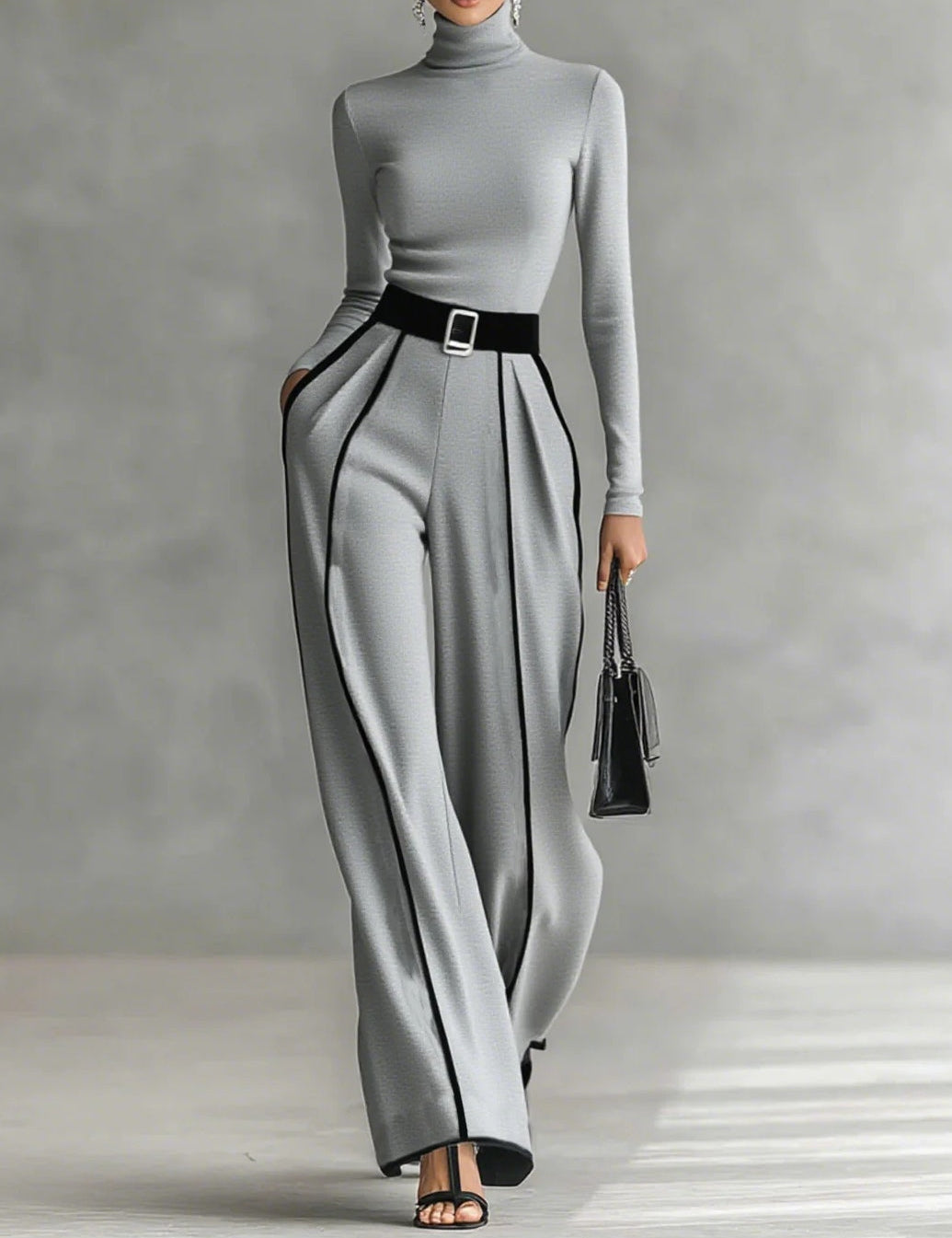 REFINED HIGH-NECK TOP & WIDE-LEG PANTS SET (FREE BELT)