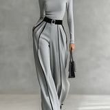 REFINED HIGH-NECK TOP & WIDE-LEG PANTS SET (FREE BELT)