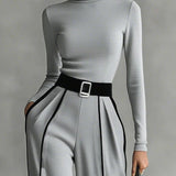 REFINED HIGH-NECK TOP & WIDE-LEG PANTS SET (FREE BELT)