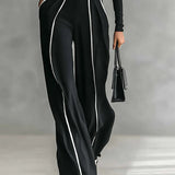 REFINED HIGH-NECK TOP & WIDE-LEG PANTS SET (FREE BELT)