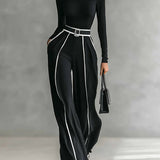 REFINED HIGH-NECK TOP & WIDE-LEG PANTS SET (FREE BELT)