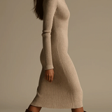 Beatrix | Beige Ribbed Knit Lapel Midi Dress