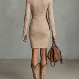 Arawen | Beige Slim Suede Neck Floral Lapel Midi Dress