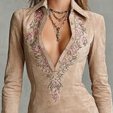 Arawen | Beige Slim Suede Neck Floral Lapel Midi Dress