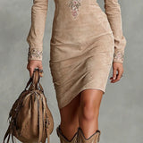 Arawen | Beige Slim Suede Neck Floral Lapel Midi Dress