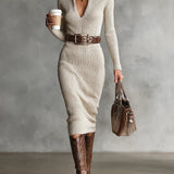 Delphino | Slim Fit Half Turtleneck V-Neck Long Sleeve Knitted Belted Midi Dress