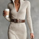 Delphino | Slim Fit Half Turtleneck V-Neck Long Sleeve Knitted Belted Midi Dress