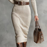 Delphino | Slim Fit Half Turtleneck V-Neck Long Sleeve Knitted Belted Midi Dress