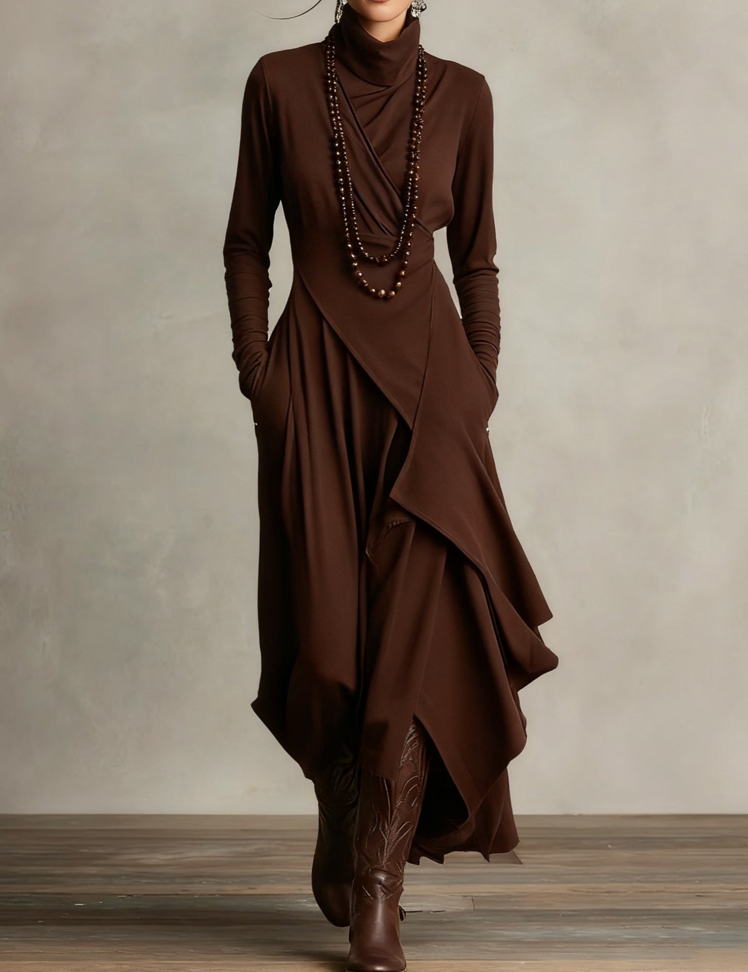 Irene | High-neck Asymmetrical Pleated Dress