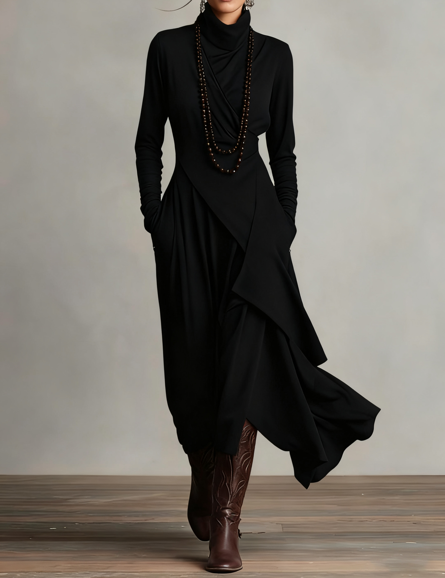 Irene | High-neck Asymmetrical Pleated Dress