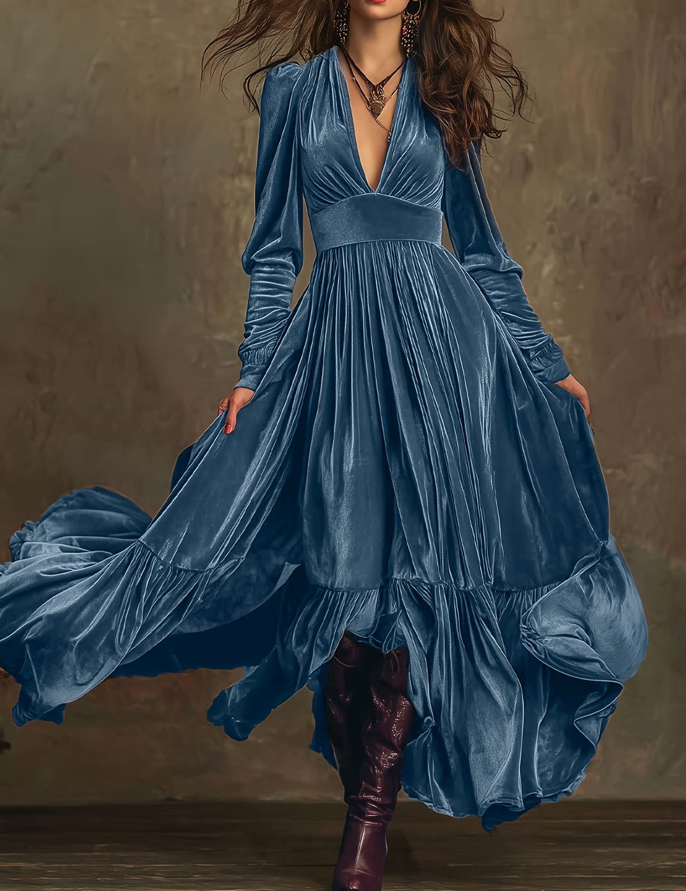 SERAFINA | RETRO OVERSIZED SKIRT LONG DRESS WITH DEEP V-NECK