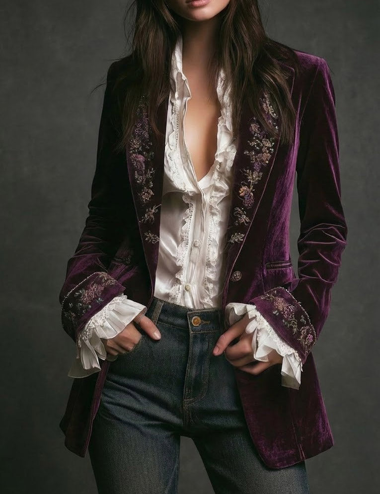 Erica | Long Vintage Velvet Jacket with Embroidery