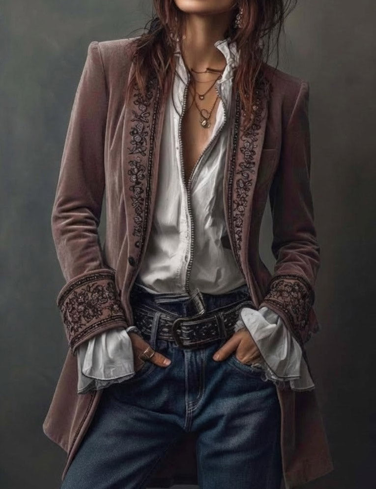 Erica | Long Vintage Velvet Jacket with Embroidery