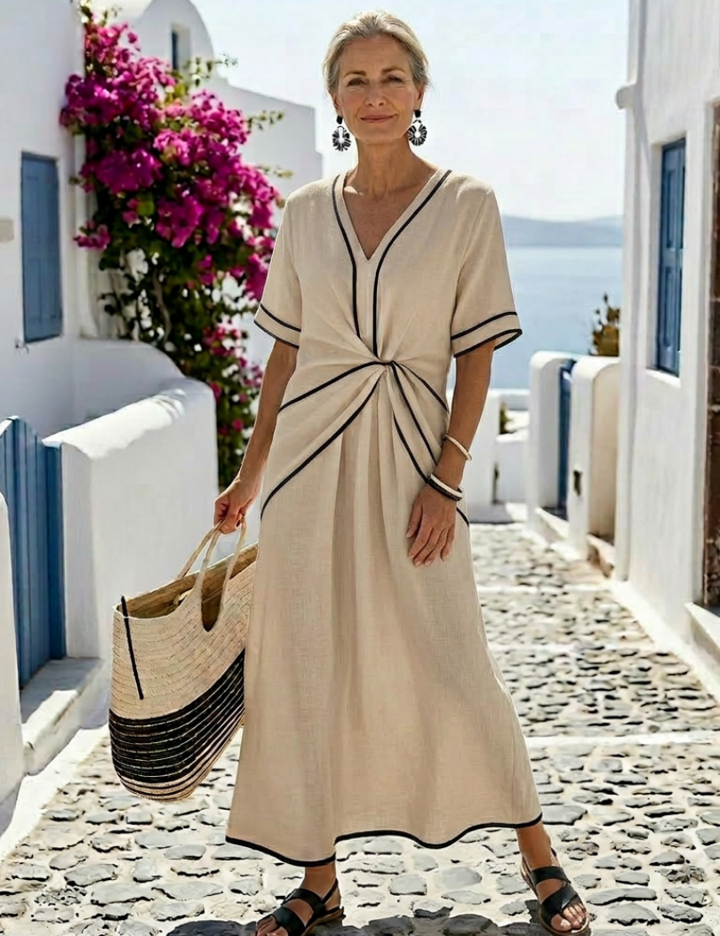 Linnea | V Neck Short Sleeve Gathered Waist Midi Dress