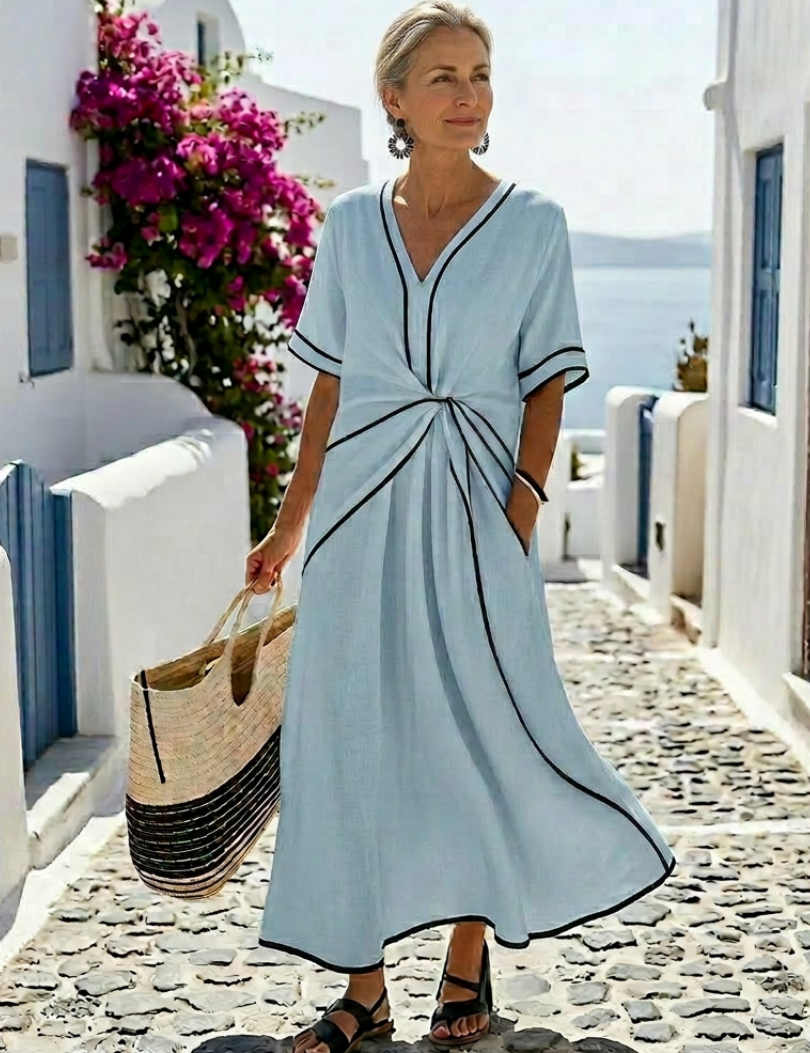 Linnea | V Neck Short Sleeve Gathered Waist Midi Dress