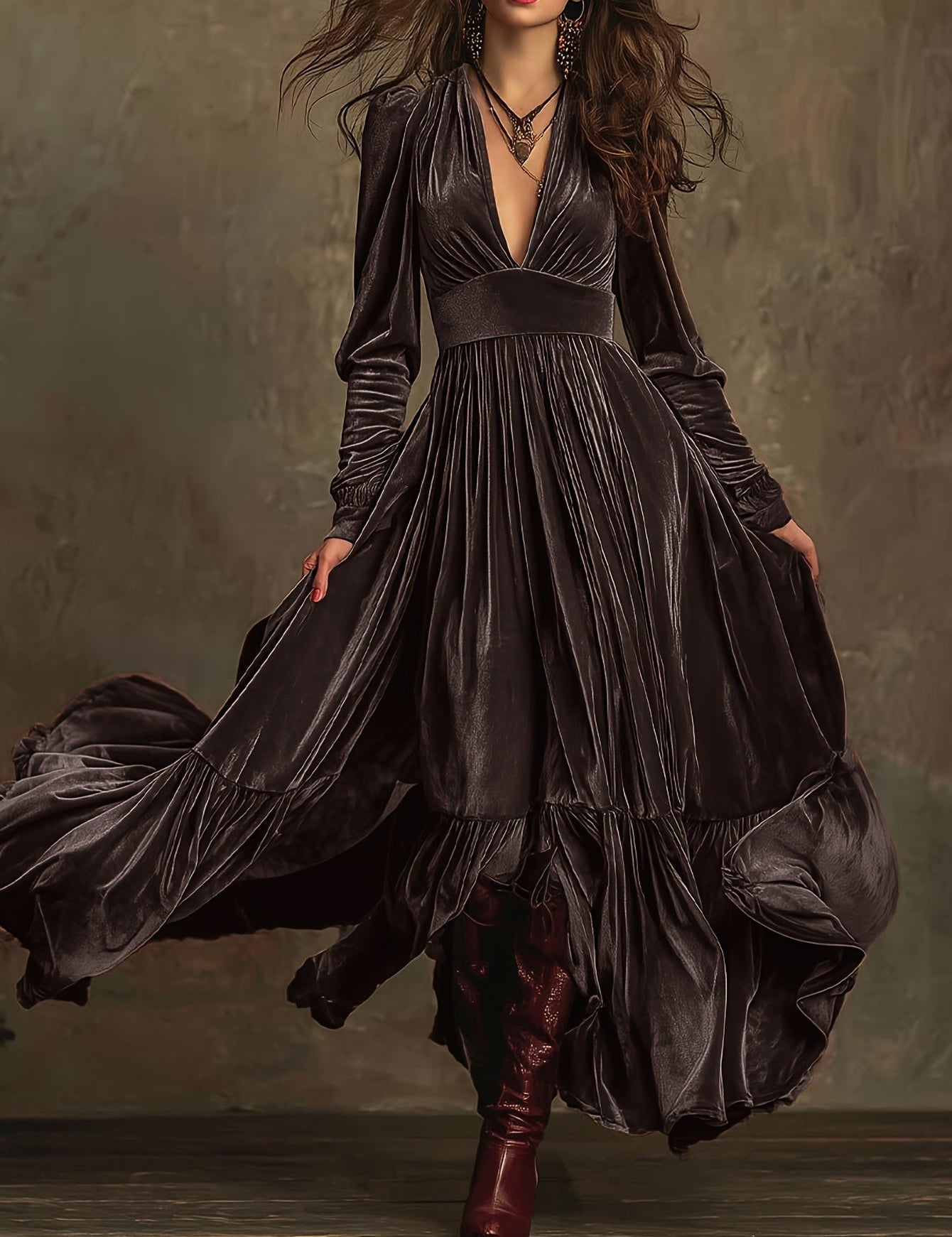 SERAFINA | RETRO OVERSIZED SKIRT LONG DRESS WITH DEEP V-NECK