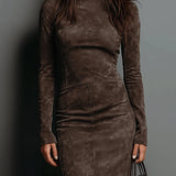 Seraphina | High Neck Long Sleeve Suede Midi Dress