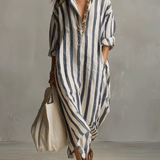 Casual Striped Shirt Bohemian Style Maxi Dress