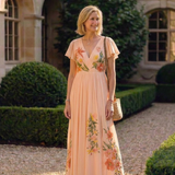 Calista | V Neck Short Sleeve Pleated Floral Maxi Dress