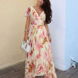 Elara | V Neck Short Sleeve Floral Maxi Dress
