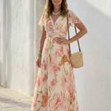 Elara | V Neck Short Sleeve Floral Maxi Dress