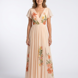 Calista | V Neck Short Sleeve Pleated Floral Maxi Dress