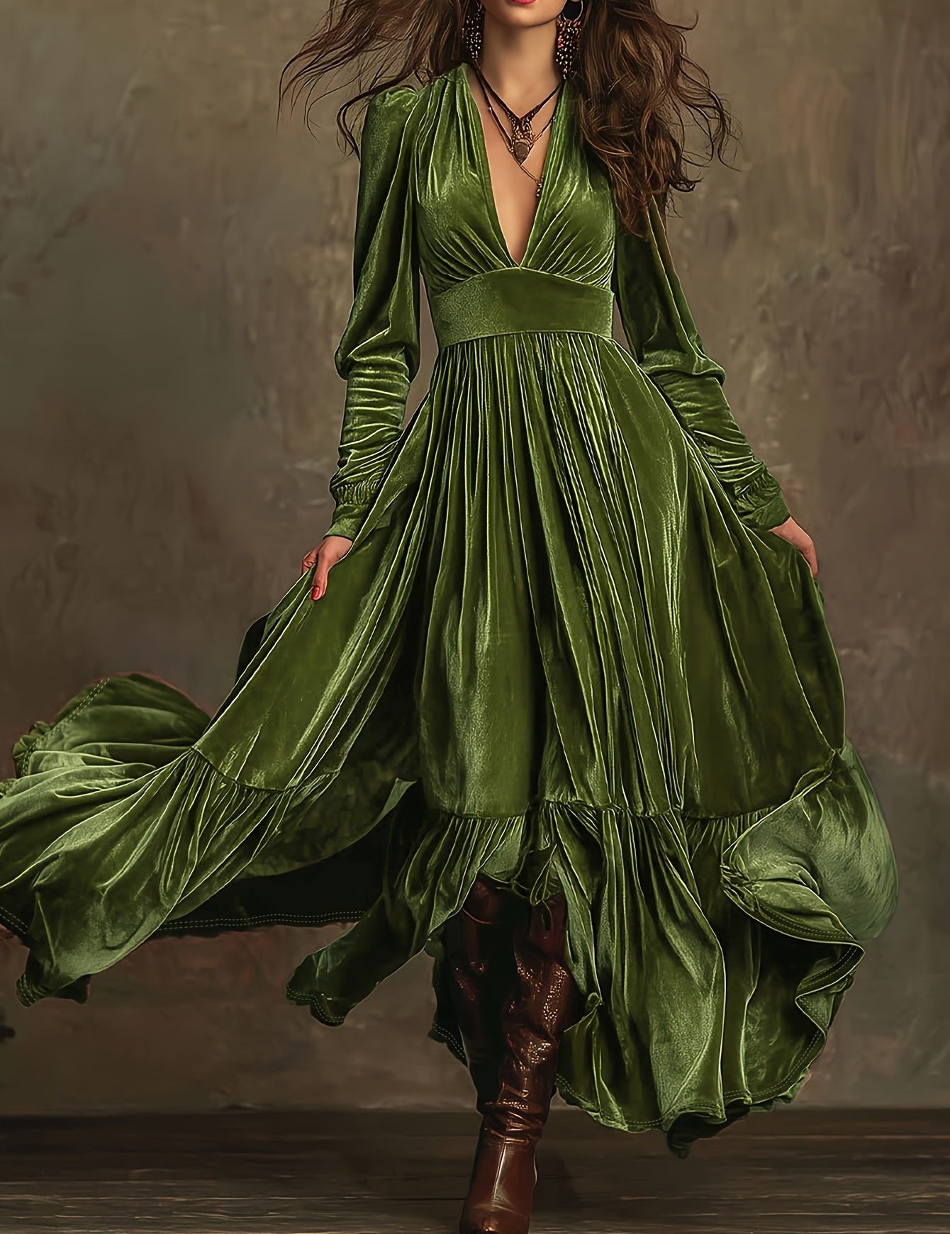 SERAFINA | RETRO OVERSIZED SKIRT LONG DRESS WITH DEEP V-NECK