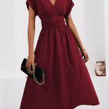 LUCYNDRA | V-NECK PLEATED WAIST MIDI DRESS