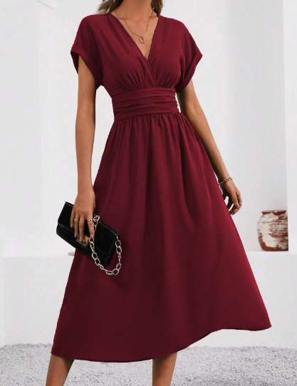 LUCYNDRA | V-NECK PLEATED WAIST MIDI DRESS
