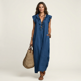 Josette | Ruffle V-Neck Linen Maxi Dress