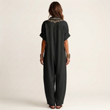 Amarina | Embroidered V-Neck Collar Linen Maxi Dress