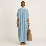 Kamira | Contrast-Collar Button-Front Short-Sleeve Maxi Shirt Dress