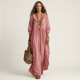 Yosetta | Ruffle V-Neck Striped Lantern-Sleeve Maxi Dress