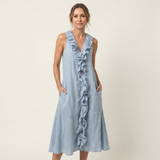 Vicky | Ruffle-Front V-Neck Sleeveless Linen Maxi Dress