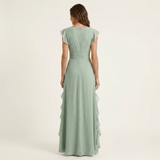 Nellyana | Wrap-Style V-Neck Flutter-Sleeve Cascading Ruffle Maxi Dress