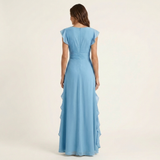 Nellyana | Wrap-Style V-Neck Flutter-Sleeve Cascading Ruffle Maxi Dress