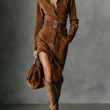 Marigold | Suede Single Breasted Lapel Long Sleeve Midi Dress (Includes belt)