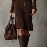 Roweno | Brown Vintage Zipper Belted Midi Dress (Includes belt)