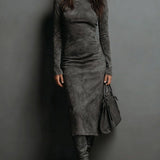 Seraphina | High Neck Long Sleeve Suede Midi Dress