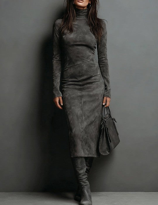 Seraphina | High Neck Long Sleeve Suede Midi Dress