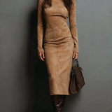 Seraphina | High Neck Long Sleeve Suede Midi Dress