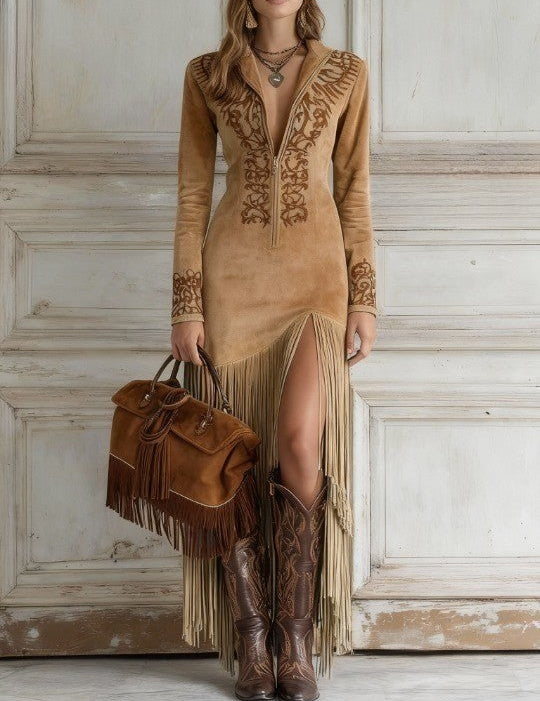 Beatrice | Western Faux Suede Fringe Dress